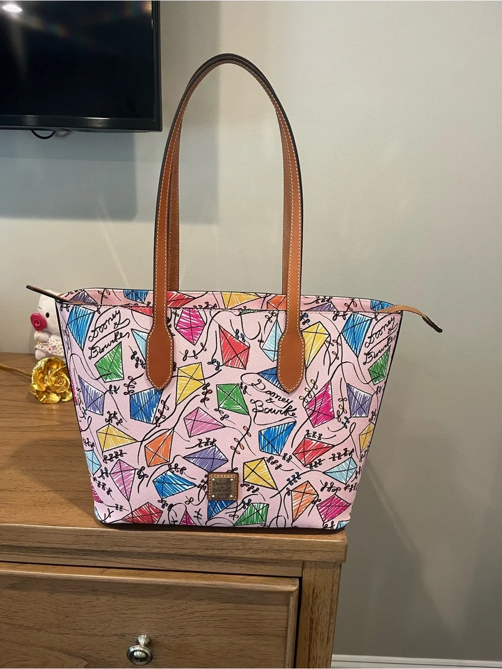 Dooney & Bourke Pink Multicolor Kite Print Tote with Tan Straps